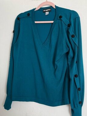 Karl Lagerfeld Teal V-Neck Sweater with Black Button Trim
